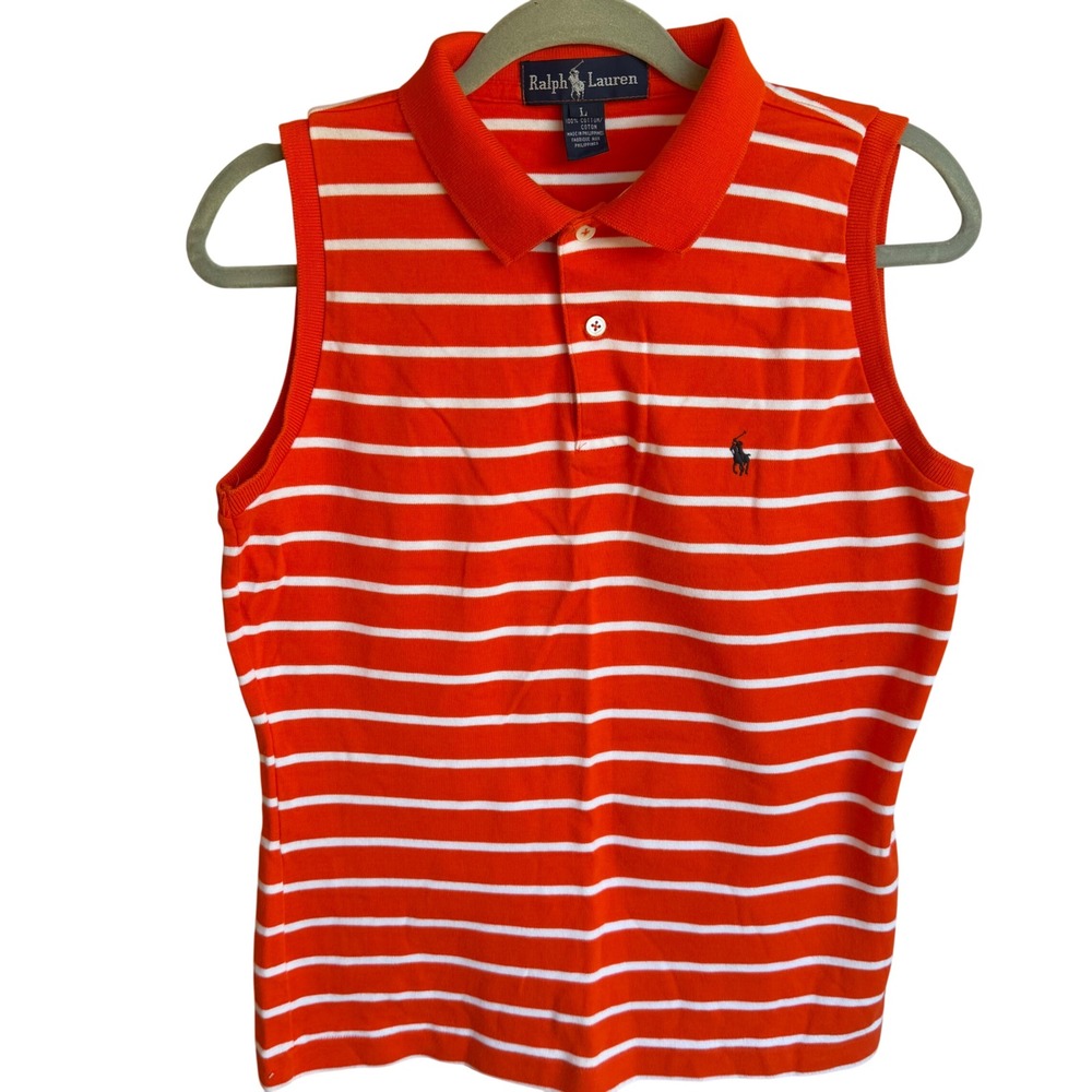 Ralph Lauren Sleeveless Polo Tank Womens L Orange White Striped Pony Preppy VTG